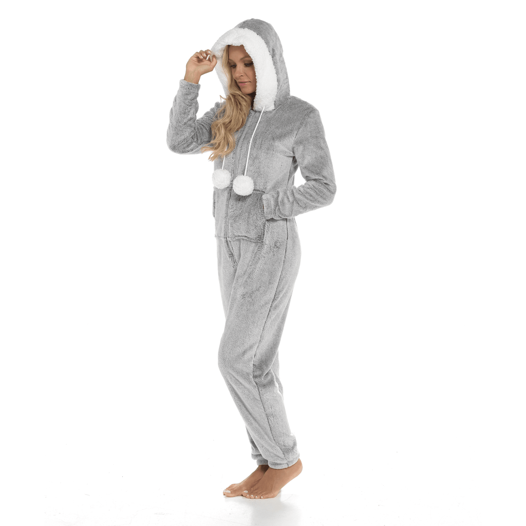 Daisy Dreamer Women's Shimmer Fleece Hooded Onesie Pyjama With Zip Pockets And Pompoms