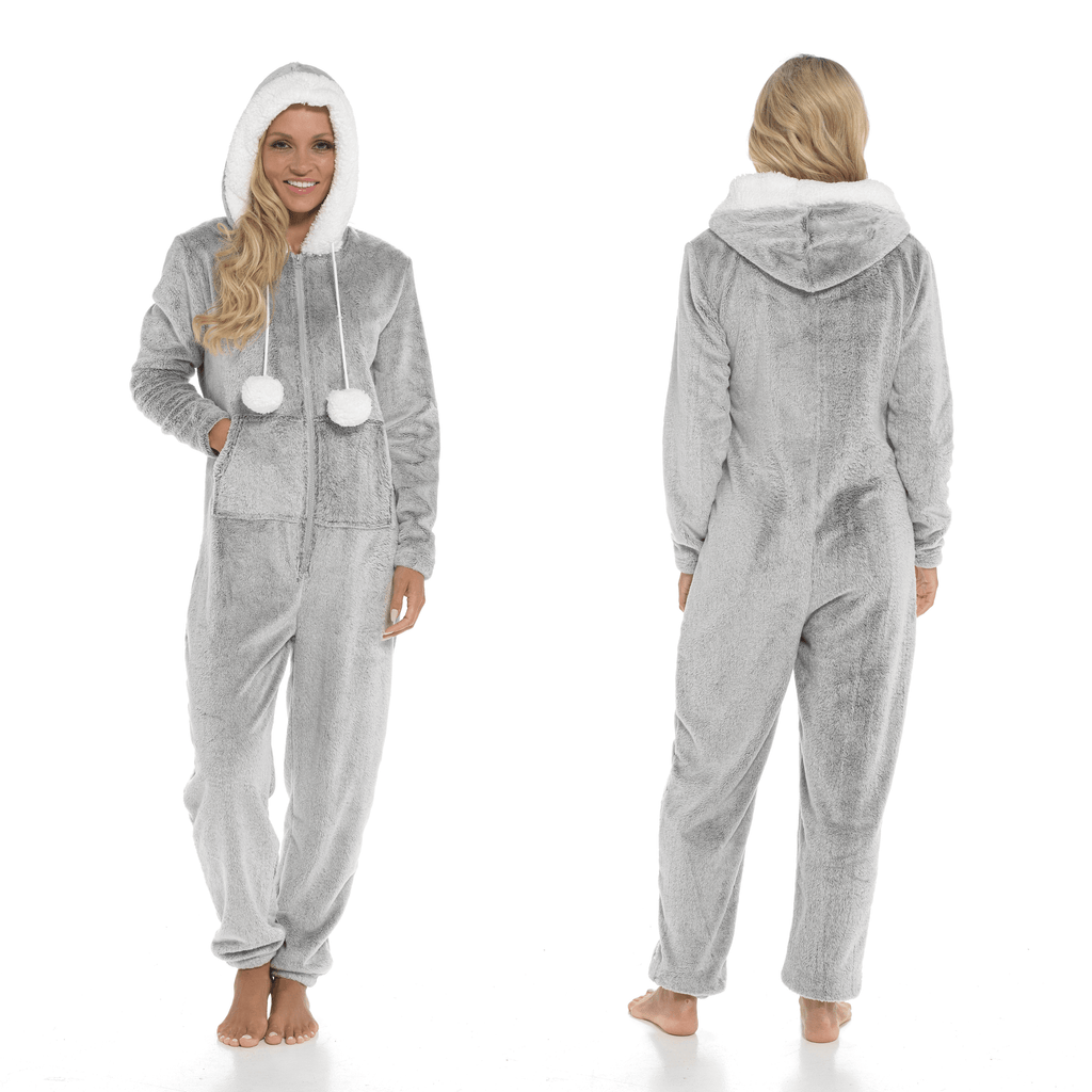 Daisy Dreamer Women's Shimmer Fleece Hooded Onesie Pyjama With Zip Pockets And Pompoms