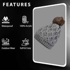Sock Stack Womens Waterproof Thinsulate Insulated Chunky Beanie Hat With Pom Pom Cable