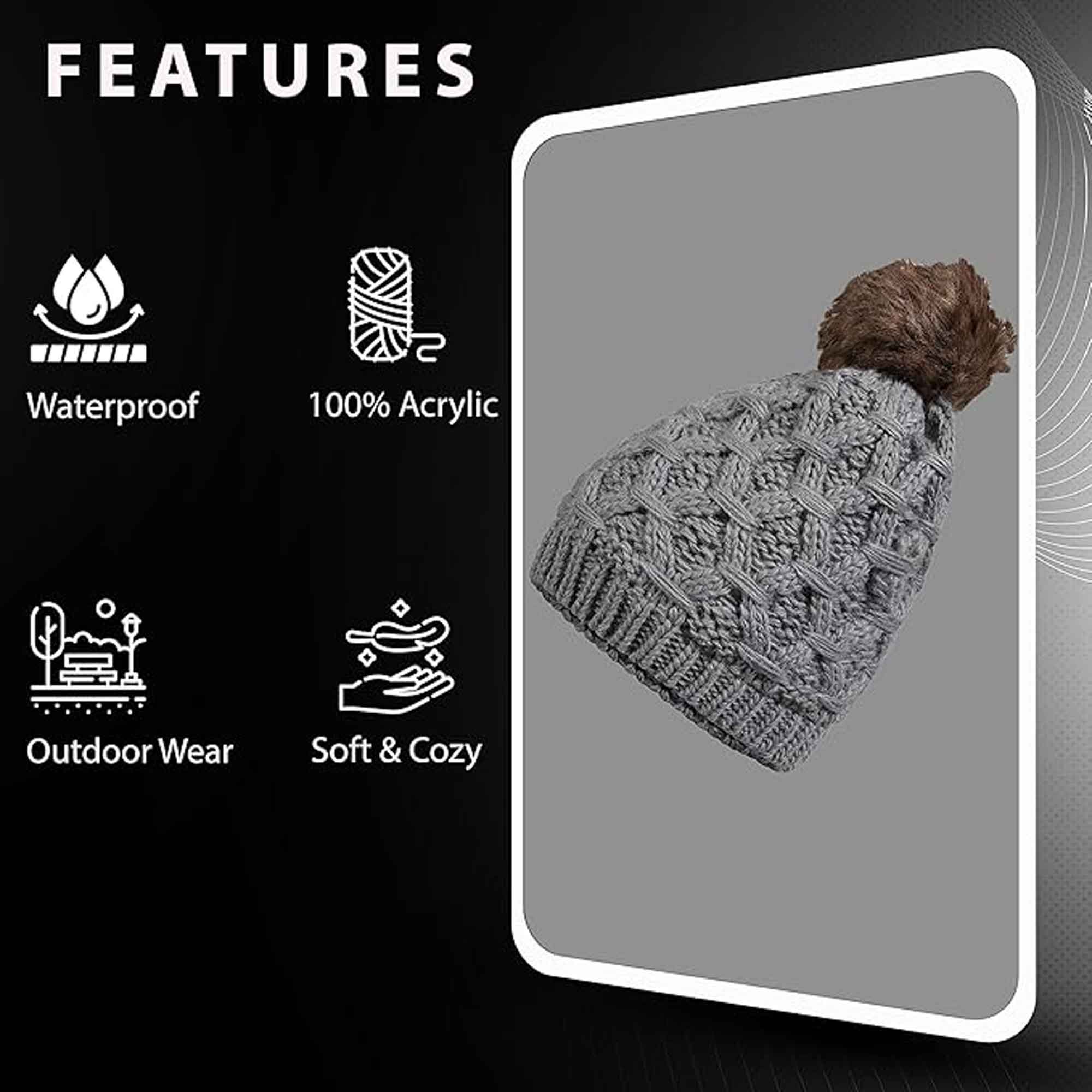 Sock Stack Womens Waterproof Thinsulate Insulated Chunky Beanie Hat With Pom Pom Cable