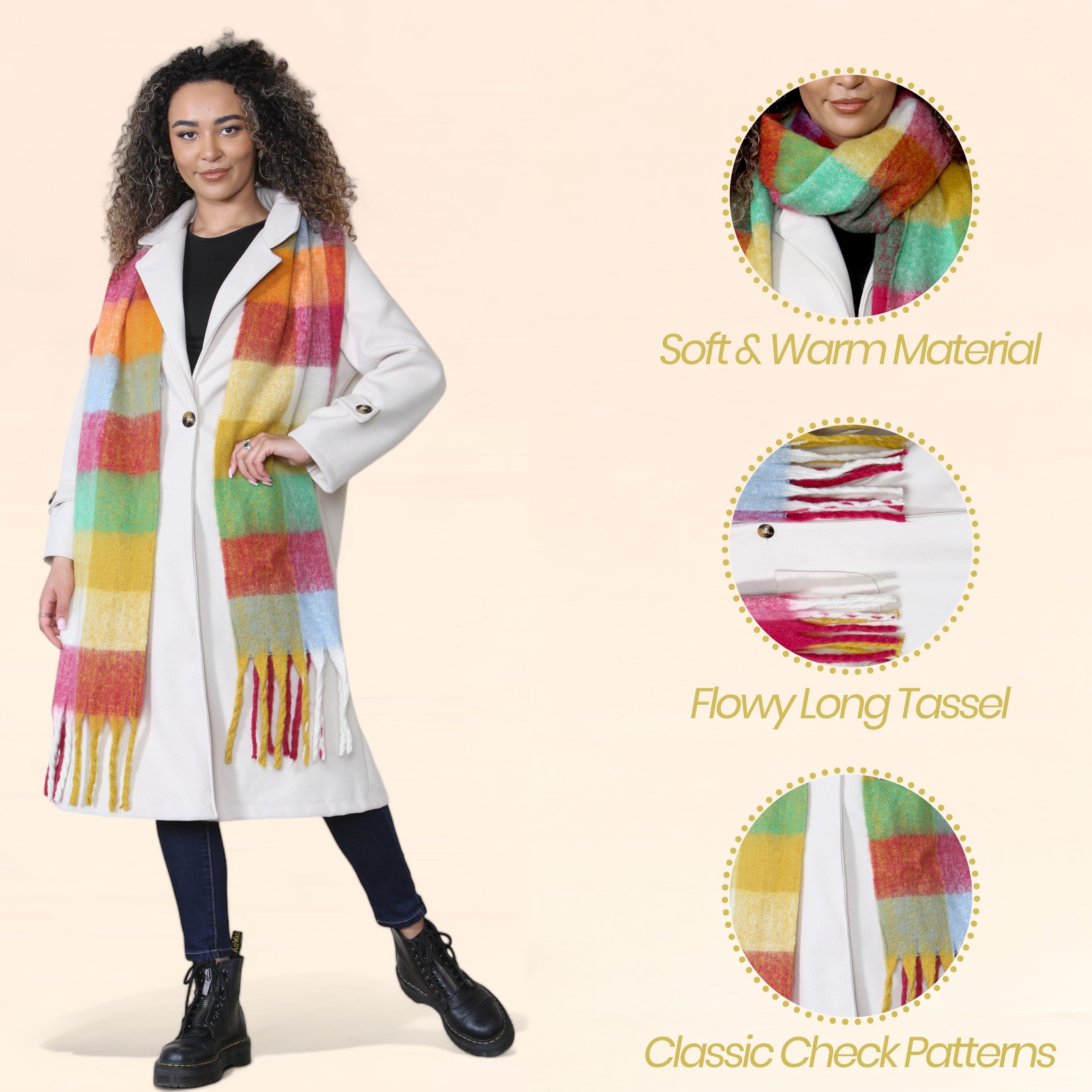 Daisy Dreamer Women’s Blanket Scarf Yellow Burgundy Chunky Knit Plaid Long Winter Wrap