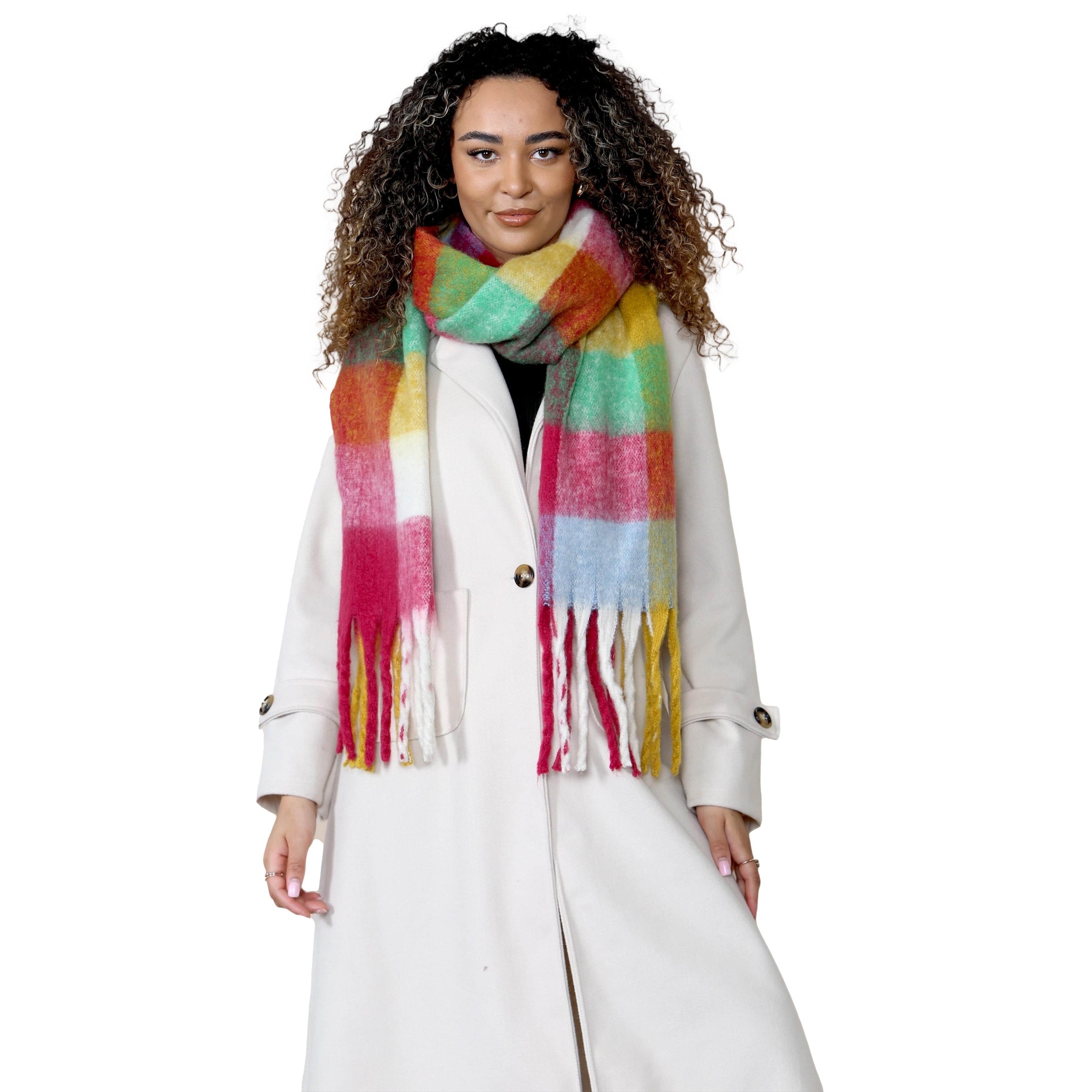 Daisy Dreamer Women’s Blanket Scarf Yellow Burgundy Chunky Knit Plaid Long Winter Wrap