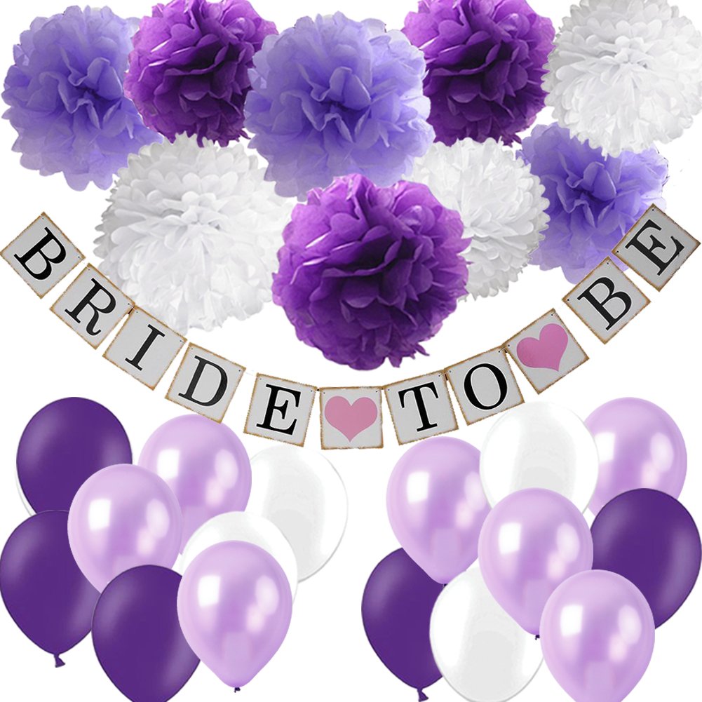 WonderfulShop Purple Bridal Shower Decorations Set – Bride To Be Banner, Tissue Paper Flowers, Balloons