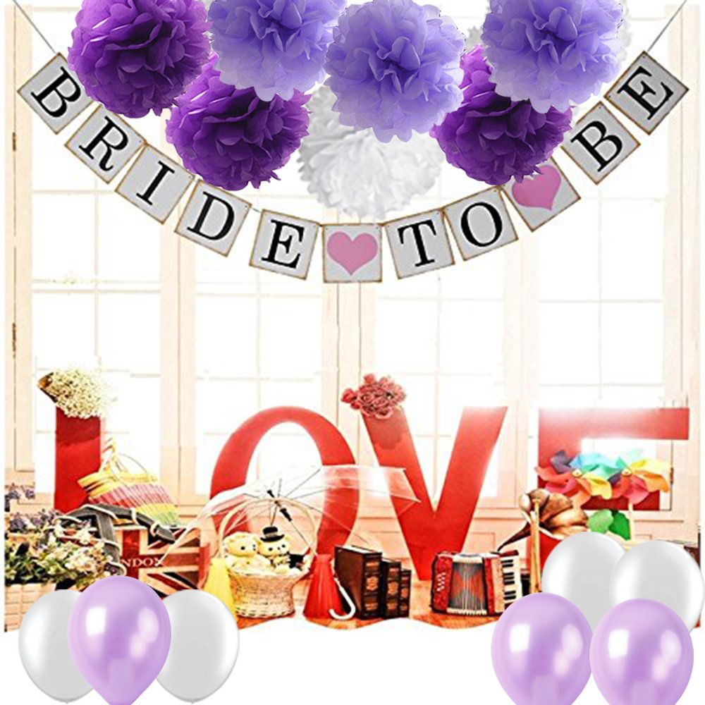 WonderfulShop Purple Bridal Shower Decorations Set – Bride To Be Banner, Tissue Paper Flowers, Balloons