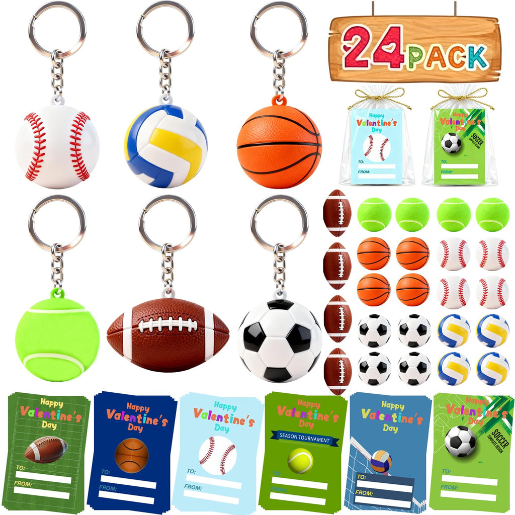 Wonfirang 24-Pack Kids Party Favors: Sports Keychains & Valentines Cards for Classrooms