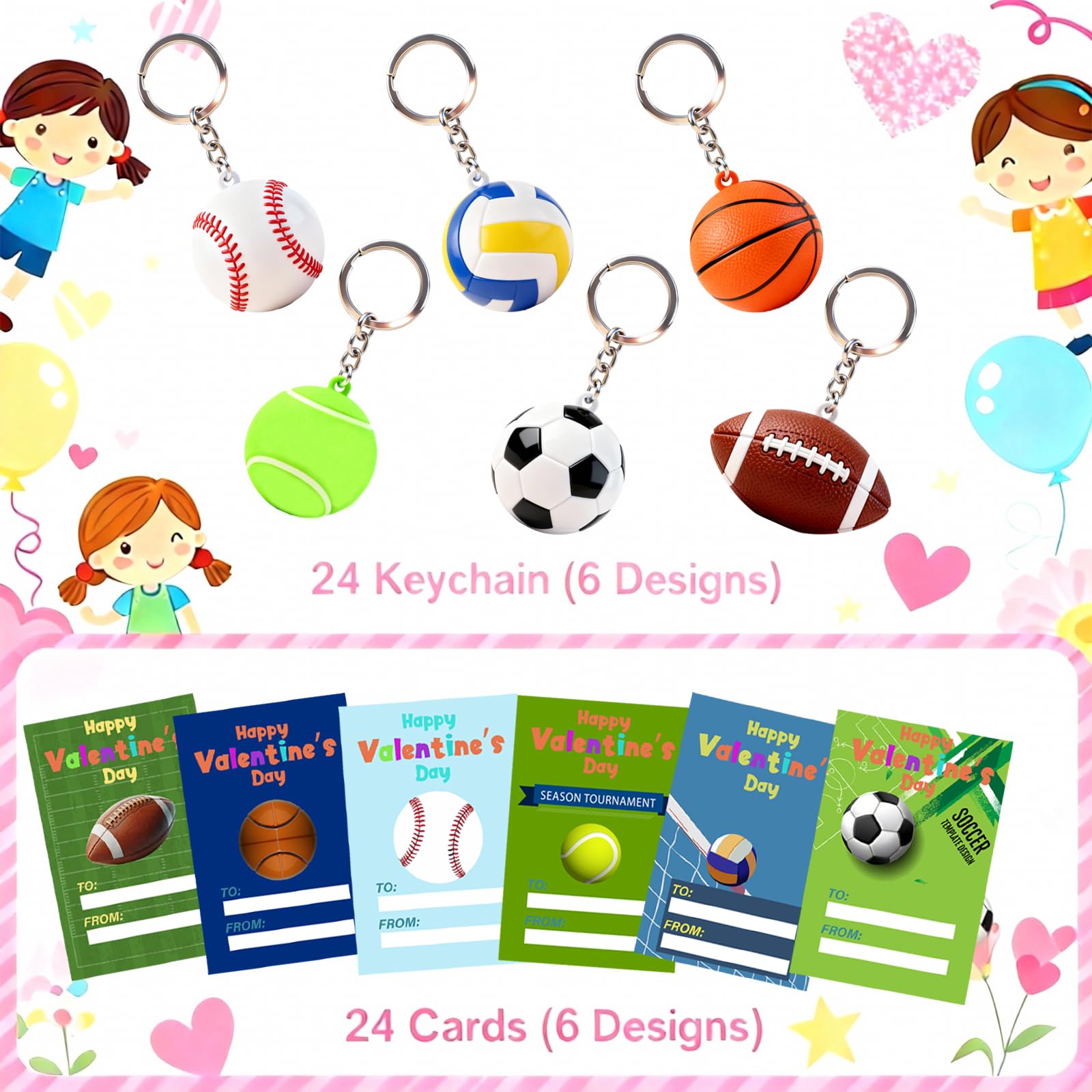 Wonfirang 24-Pack Kids Party Favors: Sports Keychains & Valentines Cards for Classrooms