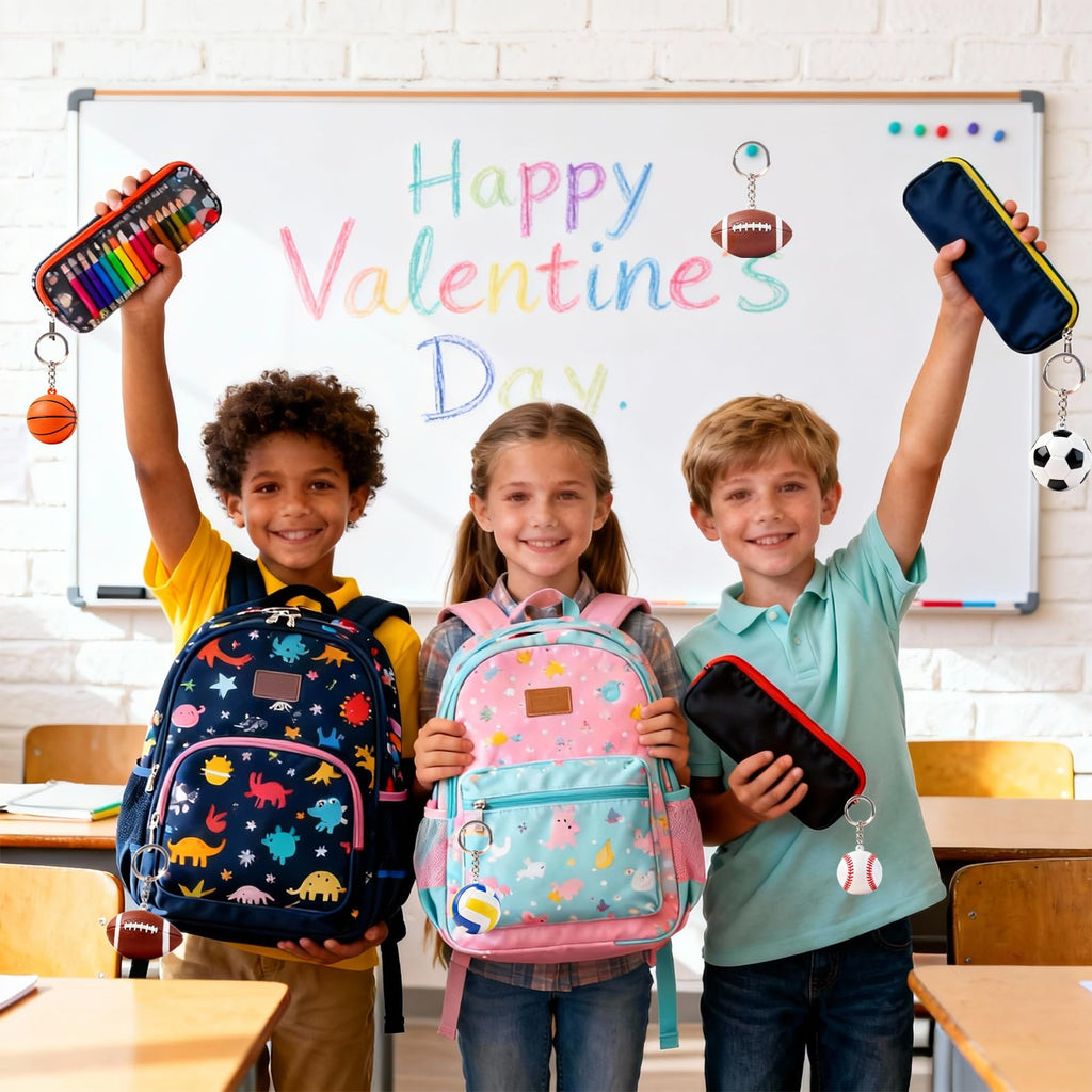 Wonfirang 24-Pack Kids Party Favors: Sports Keychains & Valentines Cards for Classrooms