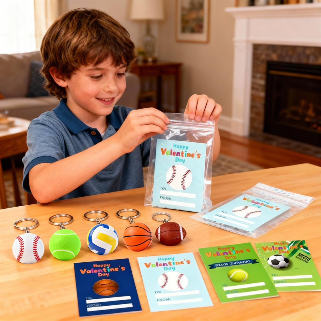 Wonfirang 24-Pack Kids Party Favors: Sports Keychains & Valentines Cards for Classrooms