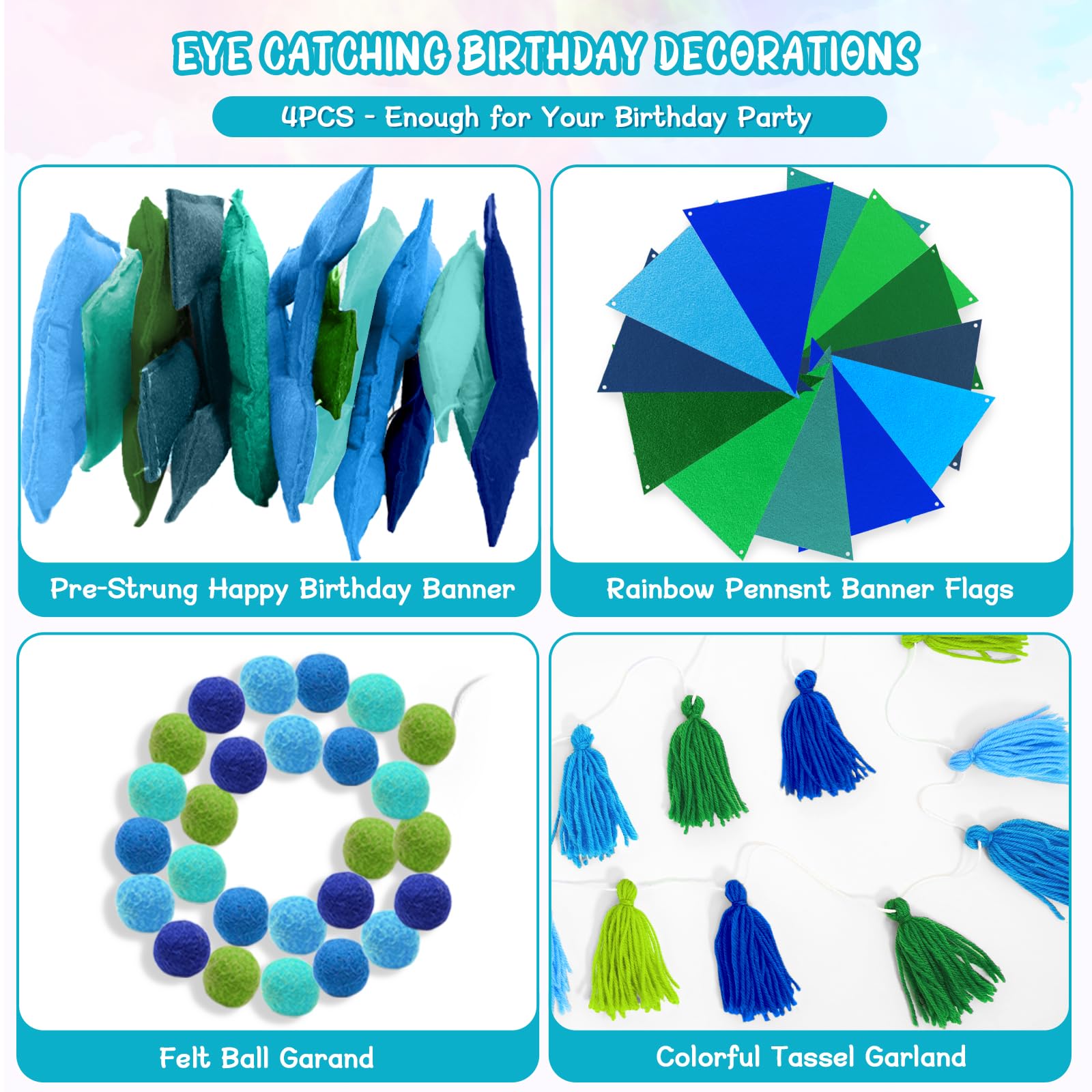 Woonnuk 4PCS Pre-Strung Happy Birthday Banner Set - Blue Felt Party Decorations for Indoor Outdoor Use