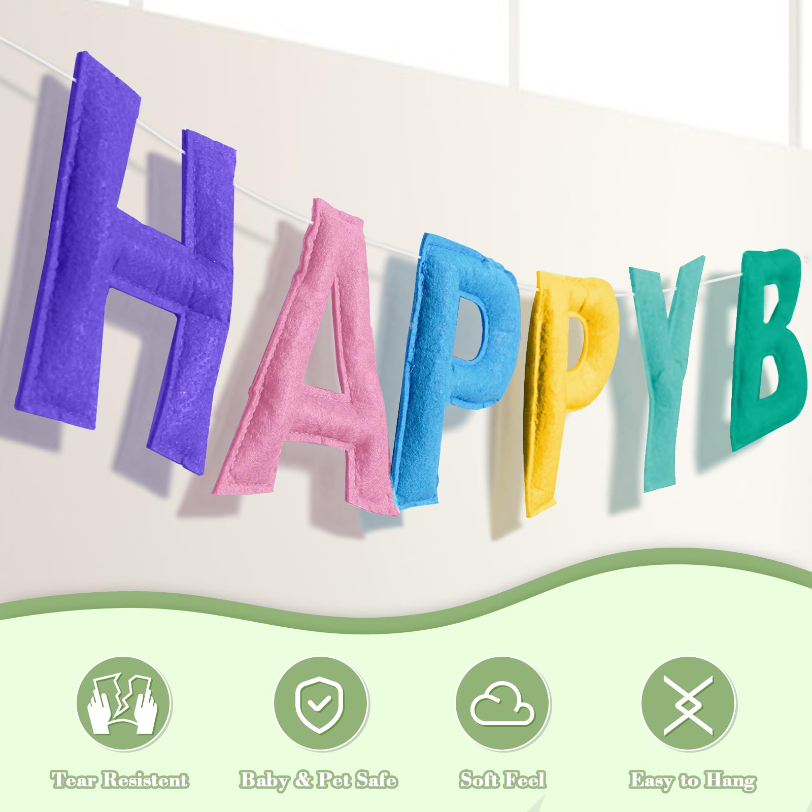 Woonnuk 4-Piece Pre-Strung Happy Birthday Banner Set - Pastel Felt Garlands & Tassels