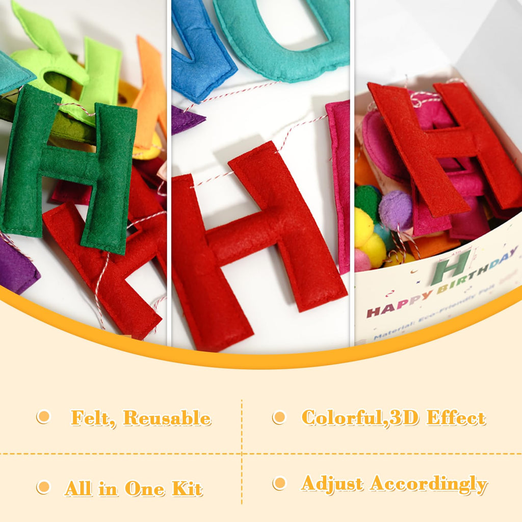 Woonnuk 4PCS Pre-Strung Happy Birthday Banner Set - Felt Garland & Rainbow Party Decor