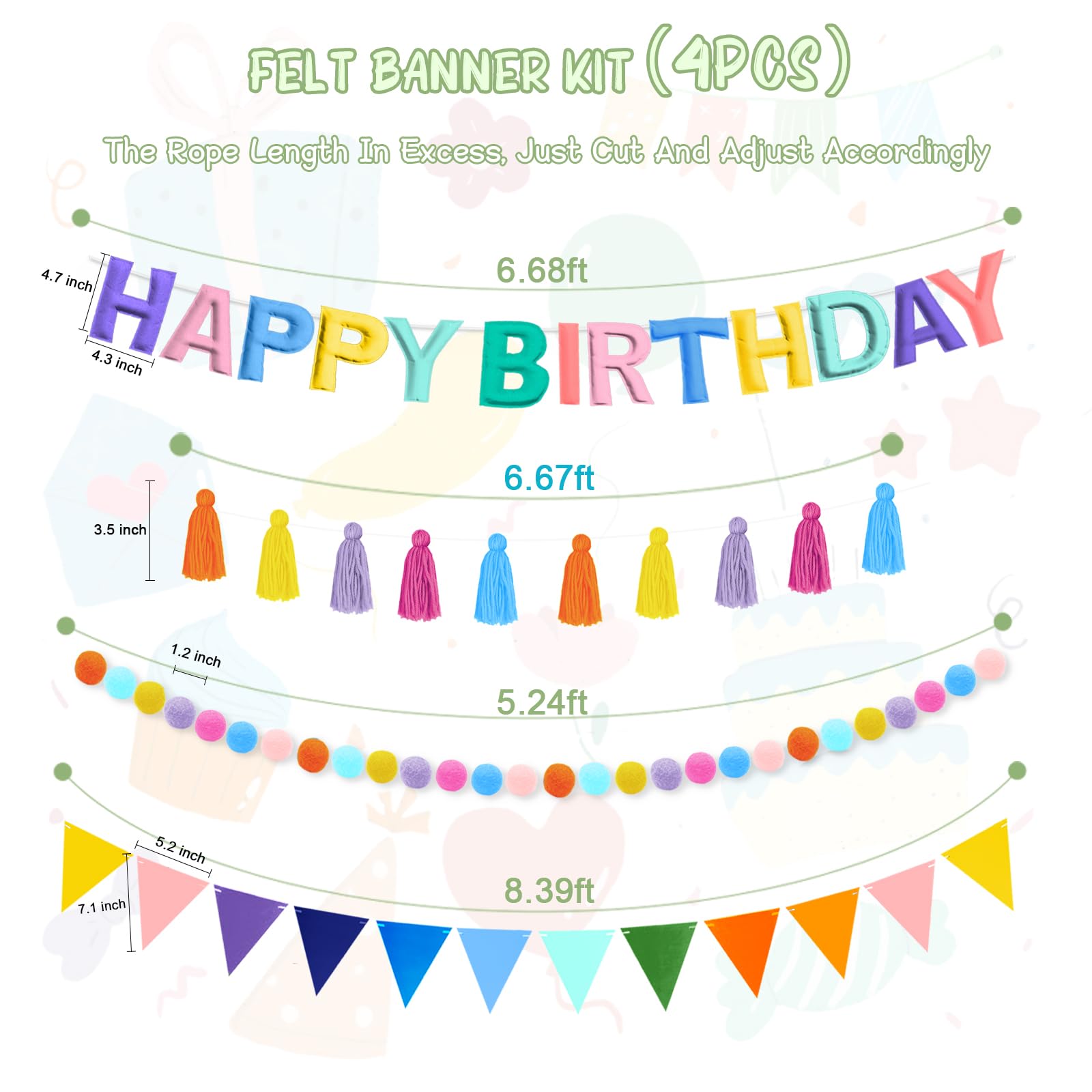 Woonnuk 4-Piece Pre-Strung Happy Birthday Banner Set - Pastel Felt Garlands & Tassels