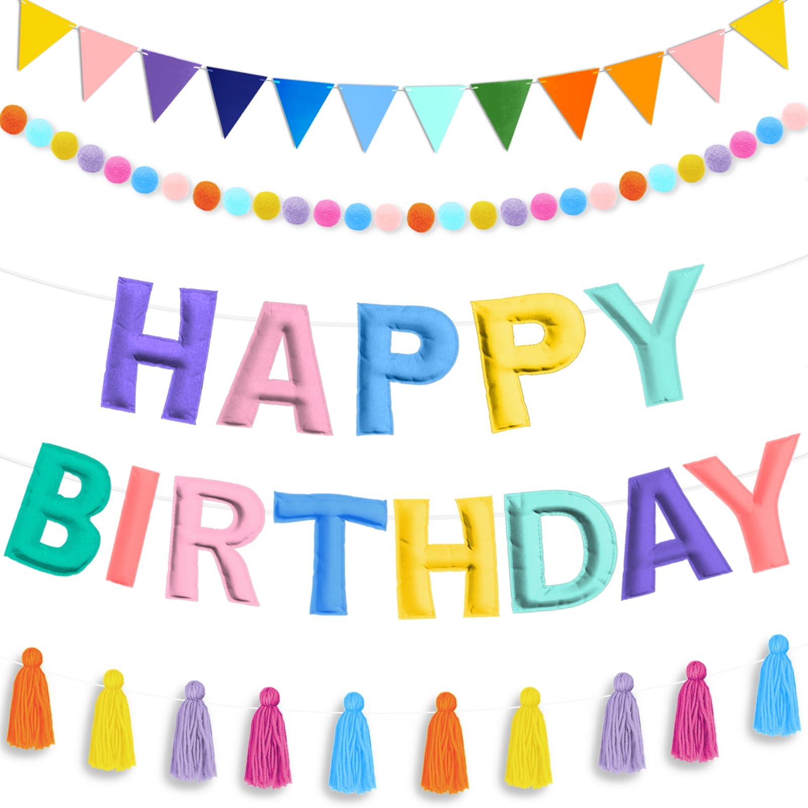 Woonnuk 4-Piece Pre-Strung Happy Birthday Banner Set - Pastel Felt Garlands & Tassels