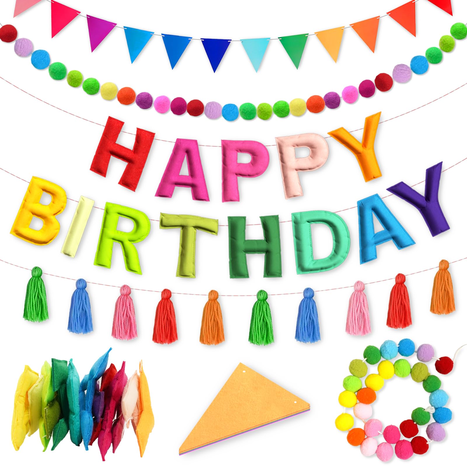 Woonnuk 4PCS Pre-Strung Happy Birthday Banner Set - Felt Garland & Rainbow Party Decor