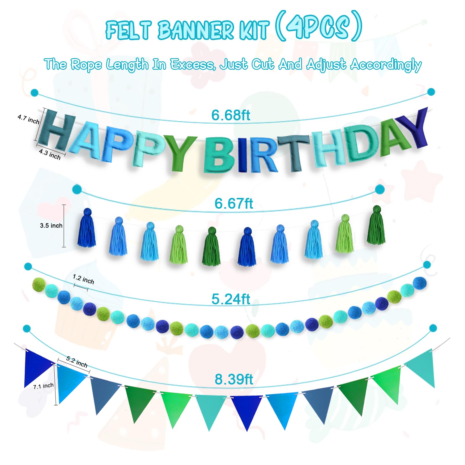 Woonnuk 4PCS Pre-Strung Happy Birthday Banner Set - Blue Felt Party Decorations for Indoor Outdoor Use