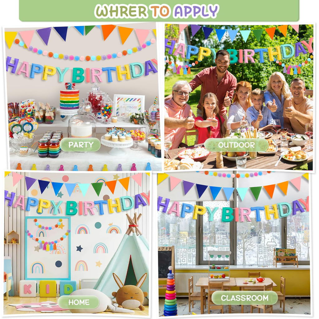 Woonnuk 4-Piece Pre-Strung Happy Birthday Banner Set - Pastel Felt Garlands & Tassels