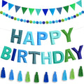 Woonnuk 4PCS Pre-Strung Happy Birthday Banner Set - Blue Felt Party Decorations for Indoor Outdoor Use
