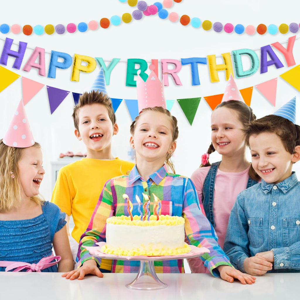 Woonnuk 4-Piece Pre-Strung Happy Birthday Banner Set - Pastel Felt Garlands & Tassels