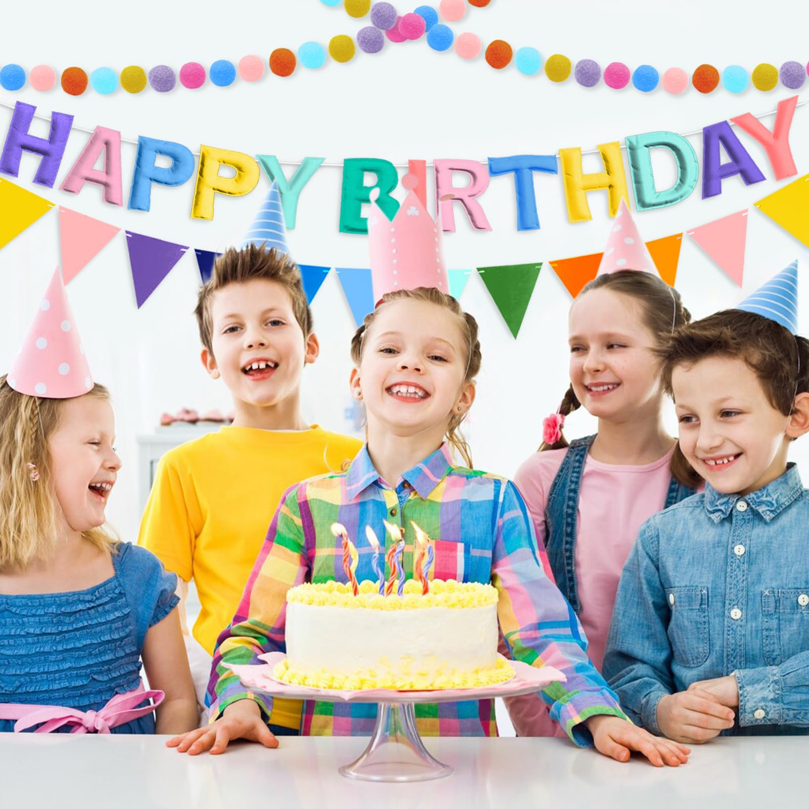 Woonnuk 4-Piece Pre-Strung Happy Birthday Banner Set - Pastel Felt Garlands & Tassels