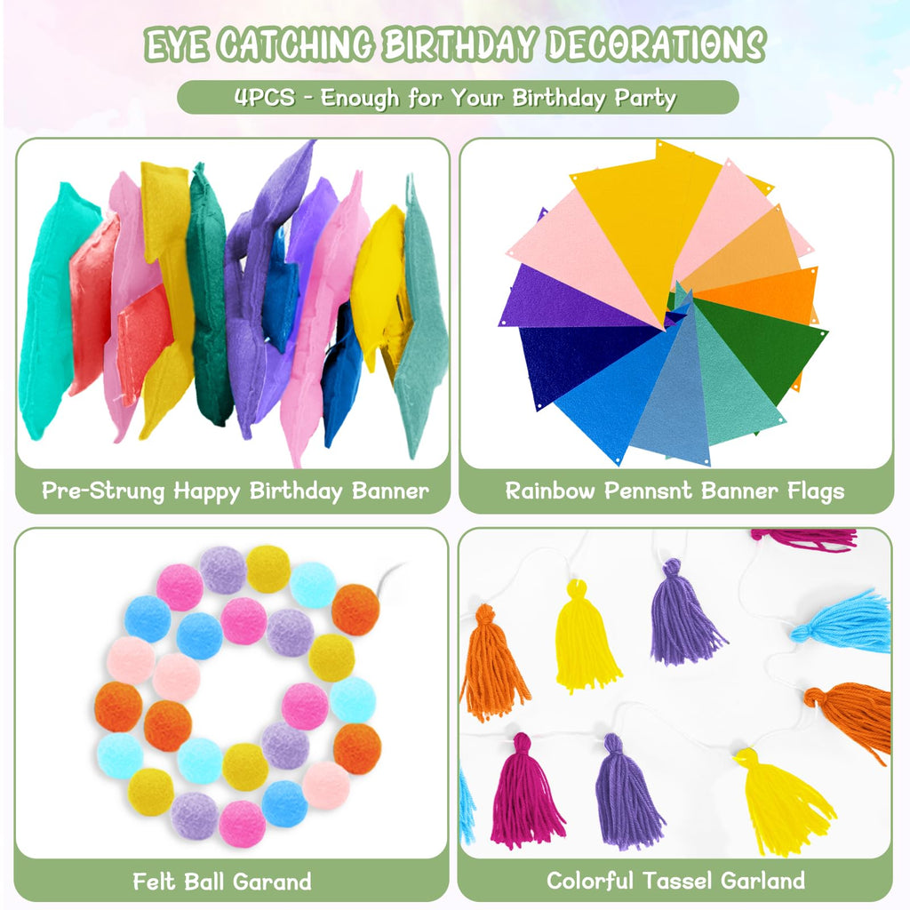 Woonnuk 4-Piece Pre-Strung Happy Birthday Banner Set - Pastel Felt Garlands & Tassels