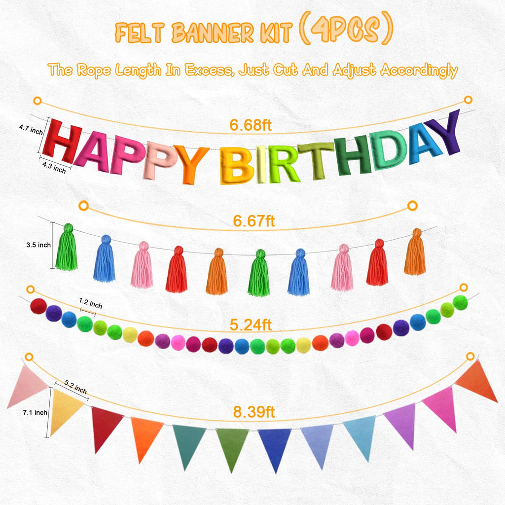 Woonnuk 4PCS Pre-Strung Happy Birthday Banner Set - Felt Garland & Rainbow Party Decor