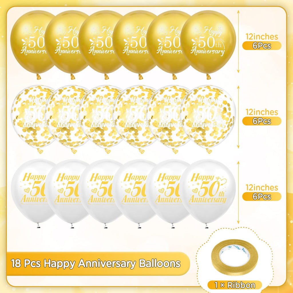 Woosytoo 50th Anniversary Balloons – White Gold 18Pcs Confetti Latex Decor