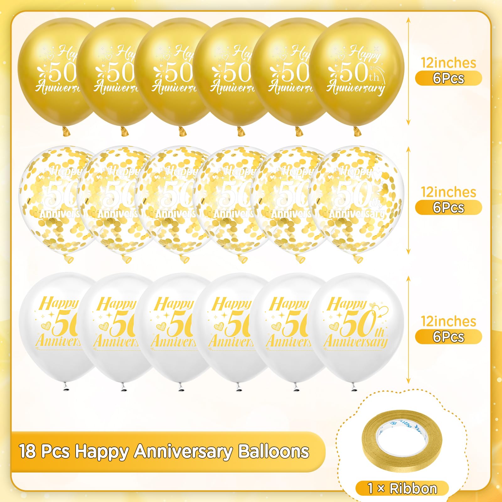 Woosytoo 50th Anniversary Balloons – White Gold 18Pcs Confetti Latex Decor