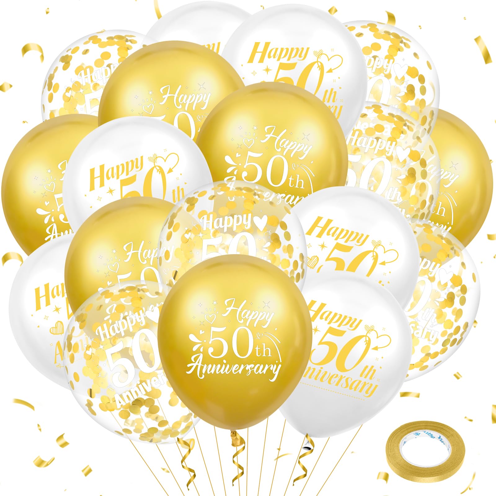 Woosytoo 50th Anniversary Balloons – White Gold 18Pcs Confetti Latex Decor