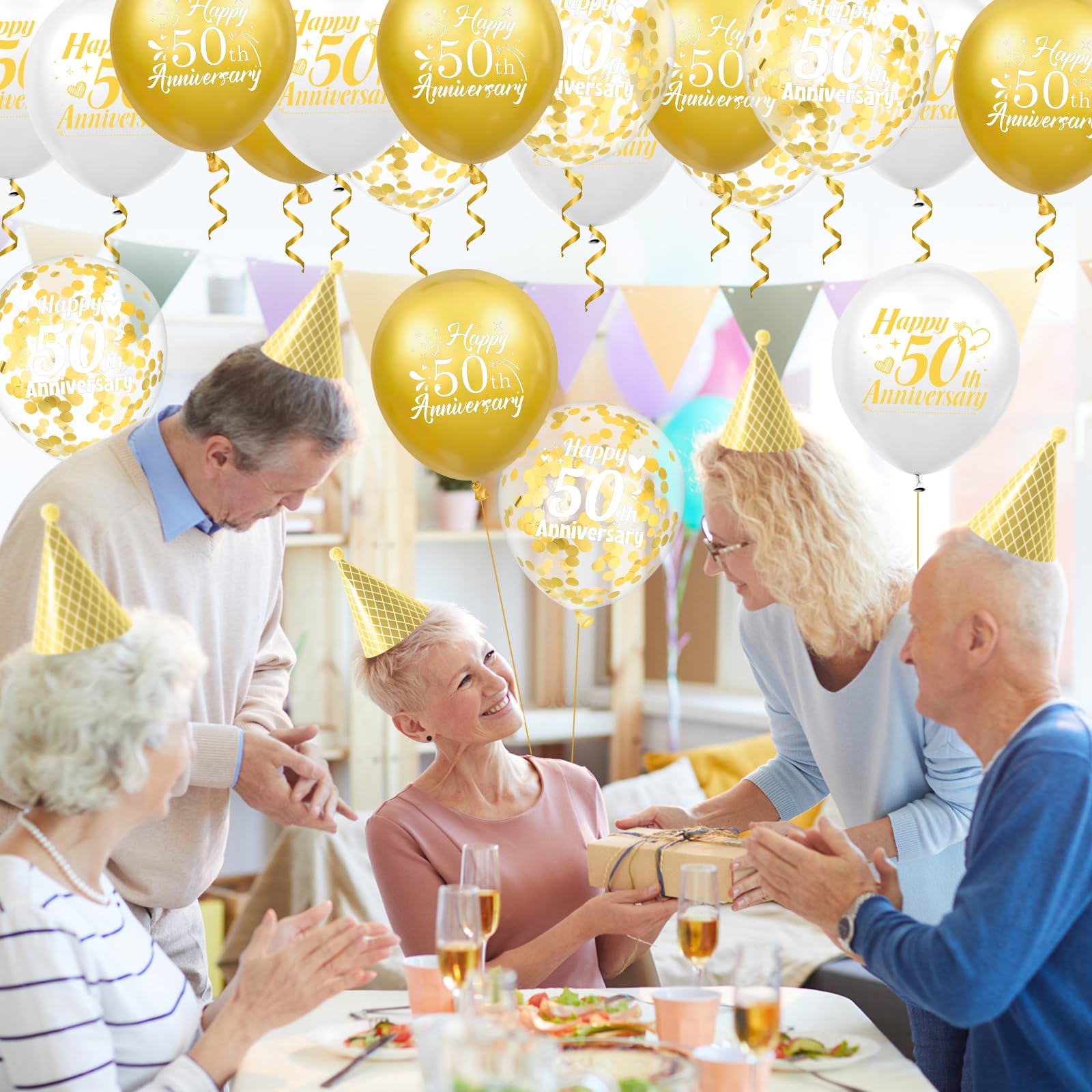 Woosytoo 50th Anniversary Balloons – White Gold 18Pcs Confetti Latex Decor
