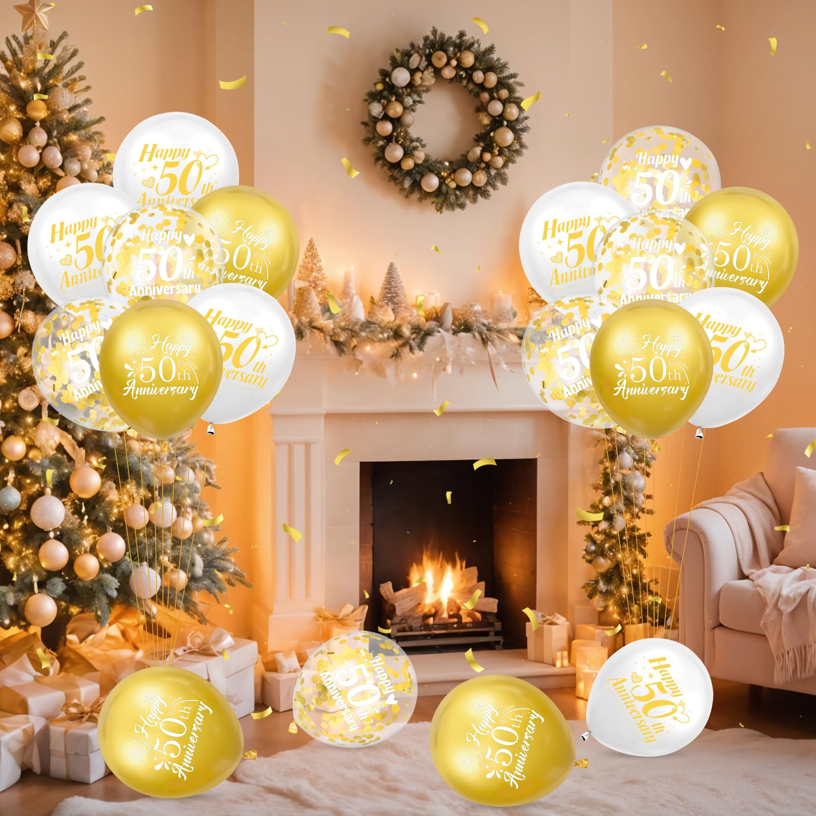 Woosytoo 50th Anniversary Balloons – White Gold 18Pcs Confetti Latex Decor