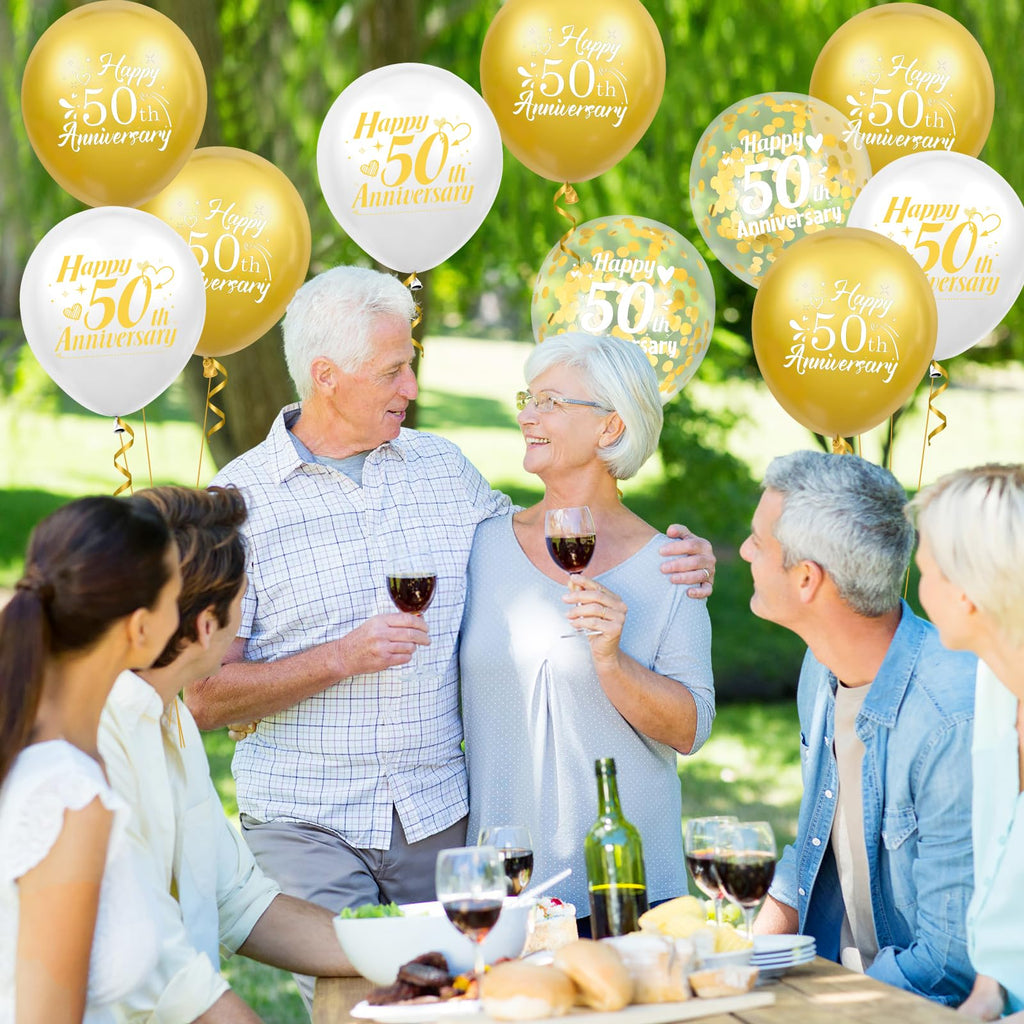 Woosytoo 50th Anniversary Balloons – White Gold 18Pcs Confetti Latex Decor