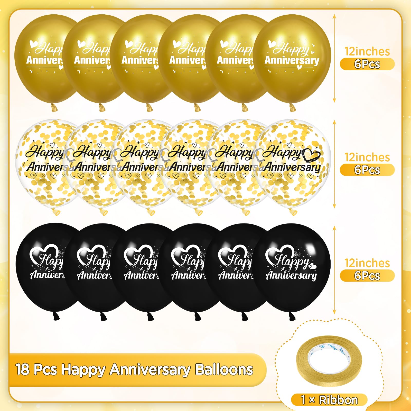 Woosytoo Happy Anniversary Balloons Kit – 18Pcs Black & Gold 12-Inch Metallic Decor