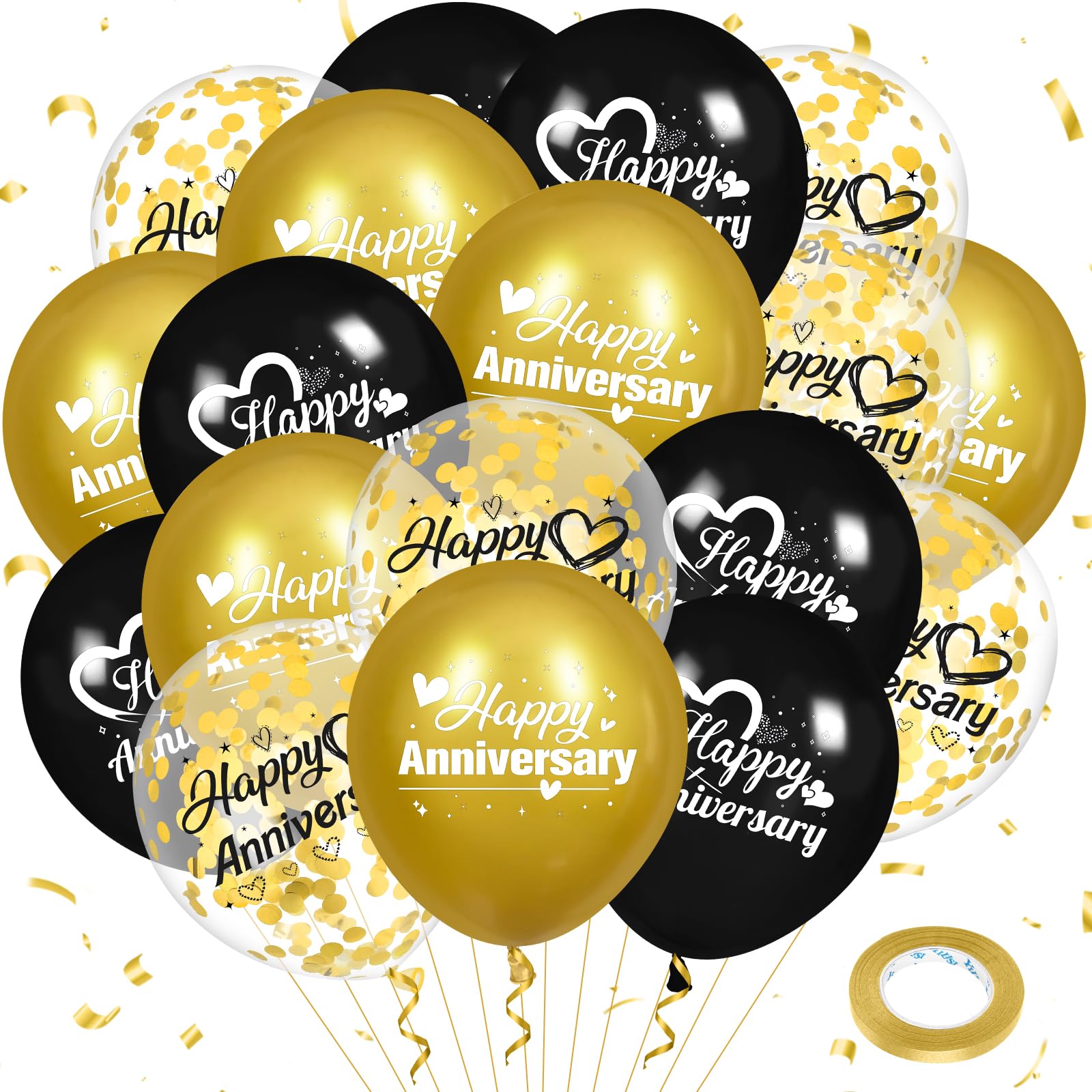 Woosytoo Happy Anniversary Balloons Kit – 18Pcs Black & Gold 12-Inch Metallic Decor