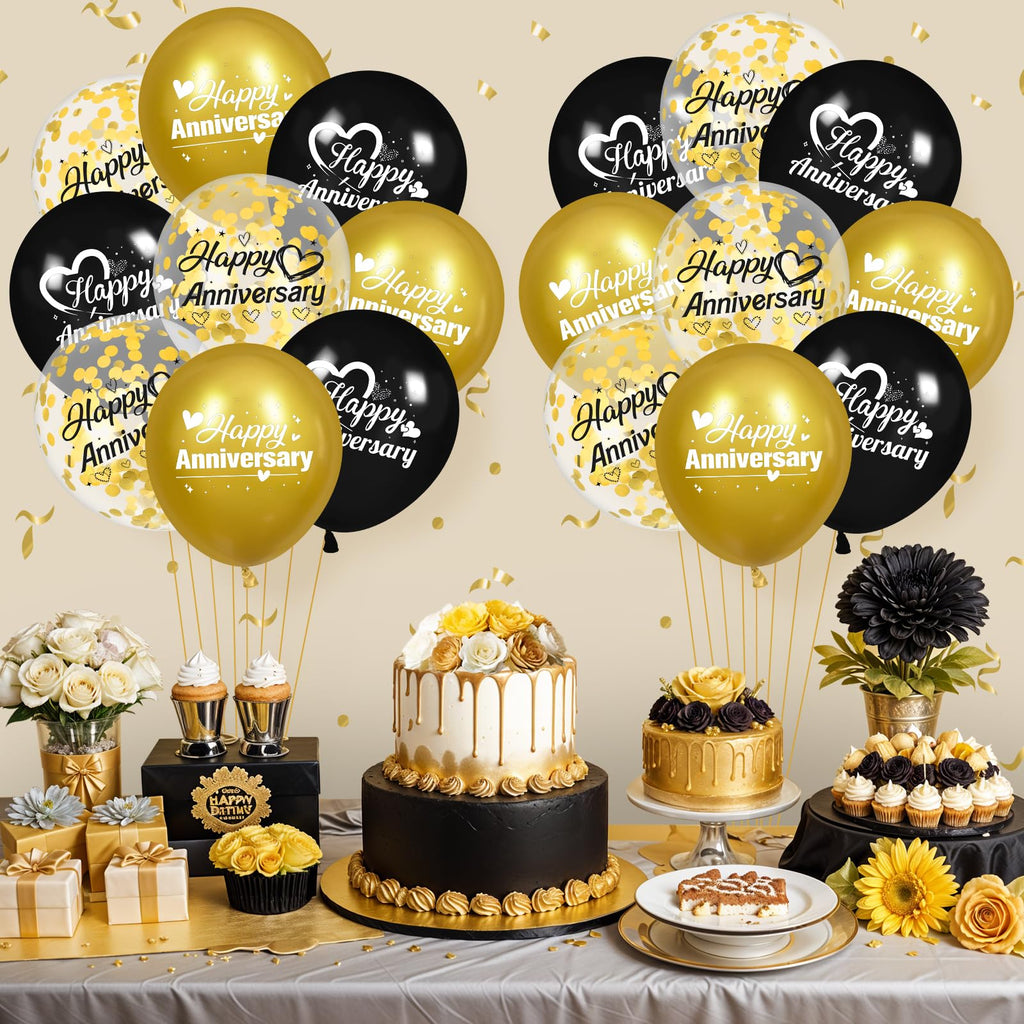 Woosytoo Happy Anniversary Balloons Kit – 18Pcs Black & Gold 12-Inch Metallic Decor