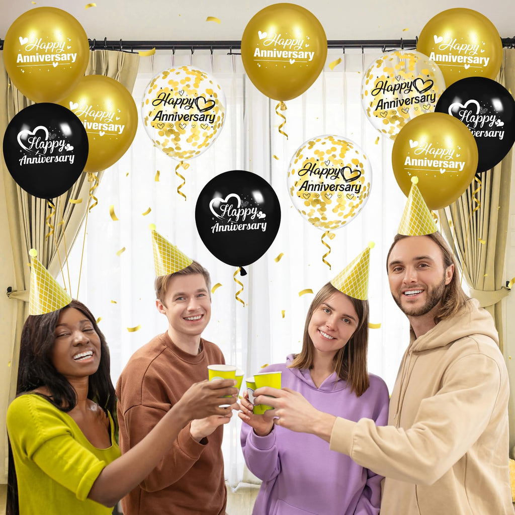 Woosytoo Happy Anniversary Balloons Kit – 18Pcs Black & Gold 12-Inch Metallic Decor