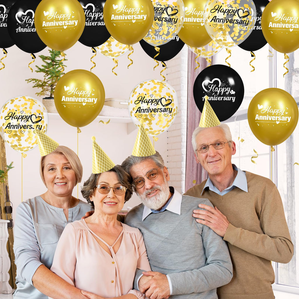 Woosytoo Happy Anniversary Balloons Kit – 18Pcs Black & Gold 12-Inch Metallic Decor