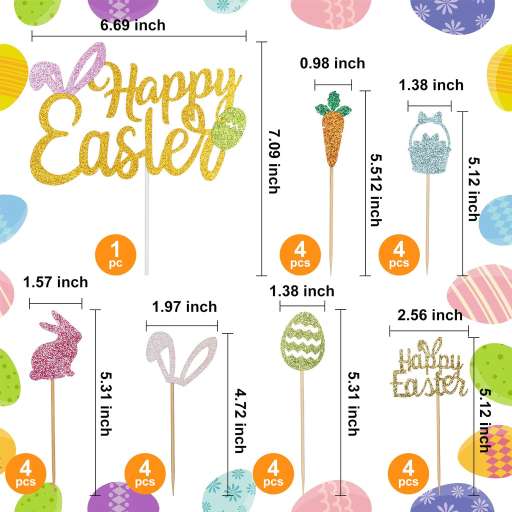 Wootkey 25-Piece Happy Easter Cake Topper Glitter Set – Easter Cupcake Toppers for Spring Parties