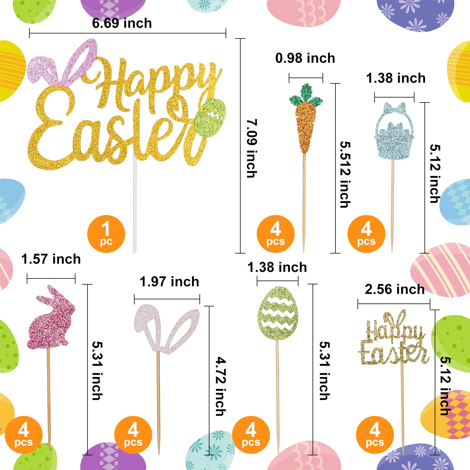 Wootkey 25-Piece Happy Easter Cake Topper Glitter Set – Easter Cupcake Toppers for Spring Parties