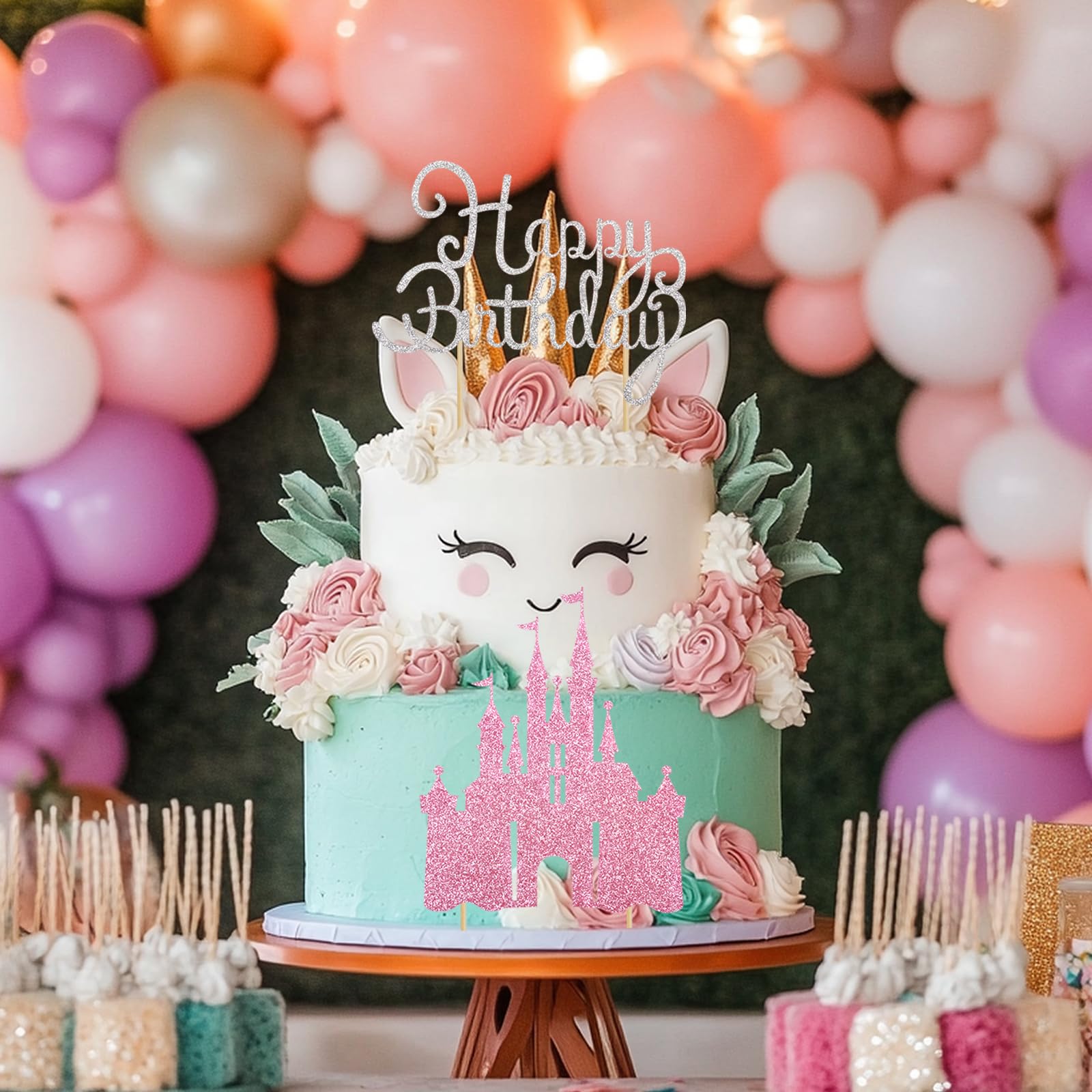 Wootkey 2Pcs Pink Princess Cake Toppers – Glitter Castle Birthday Party Decor