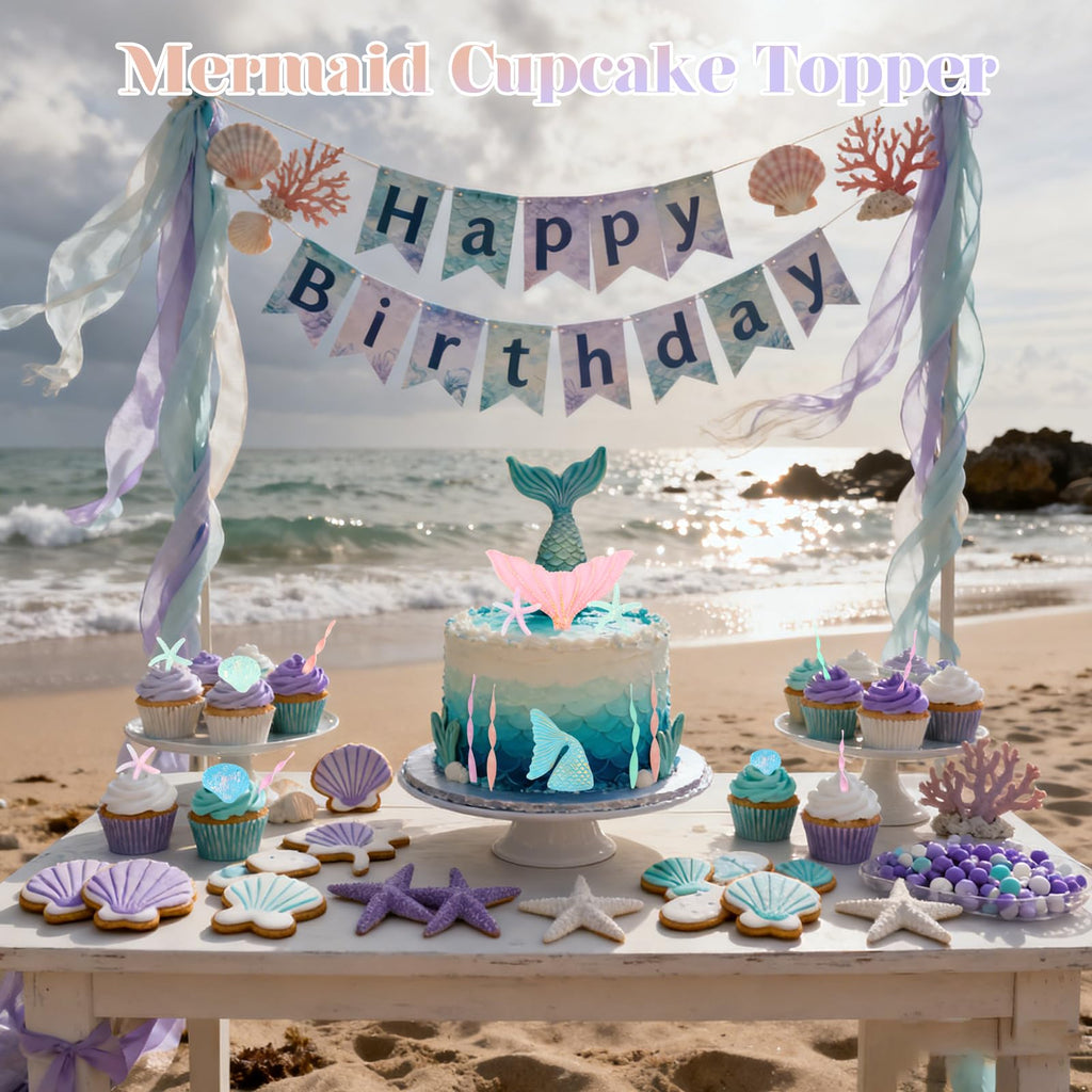 Wootkey 16Pcs Mermaid Cake Topper Set – Tails, Seaweed & Shells for Ocean Theme Cakes