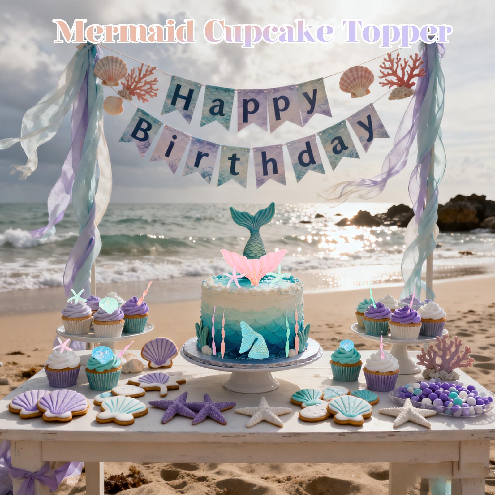 Wootkey 16Pcs Mermaid Cake Topper Set – Tails, Seaweed & Shells for Ocean Theme Cakes