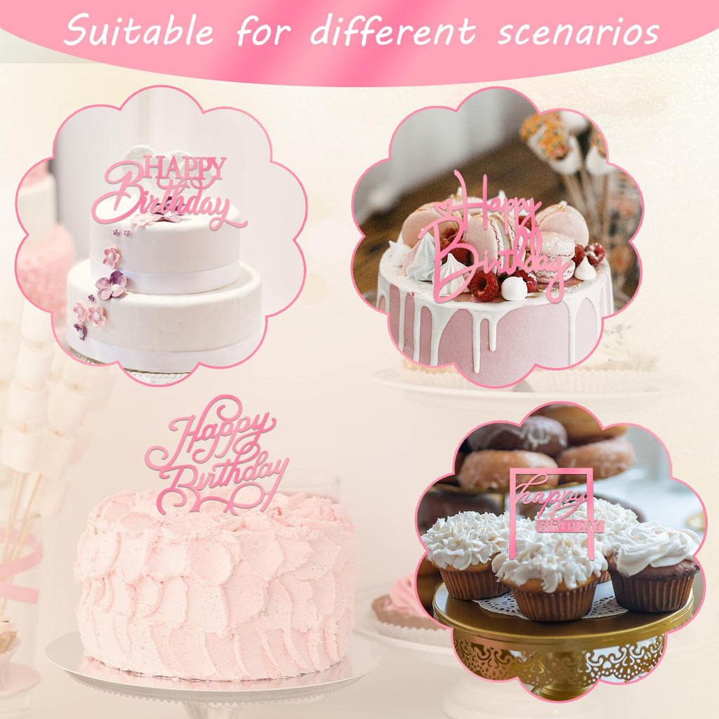 Wootkey 10 Pcs Pink Mirror Acrylic Happy Birthday Cake Toppers - Double-Sided Party Decorations