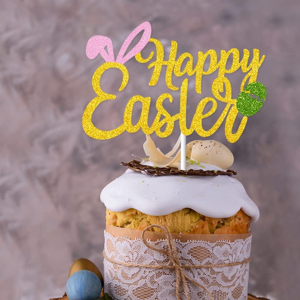 Wootkey 25-Piece Happy Easter Cake Topper Glitter Set – Easter Cupcake Toppers for Spring Parties