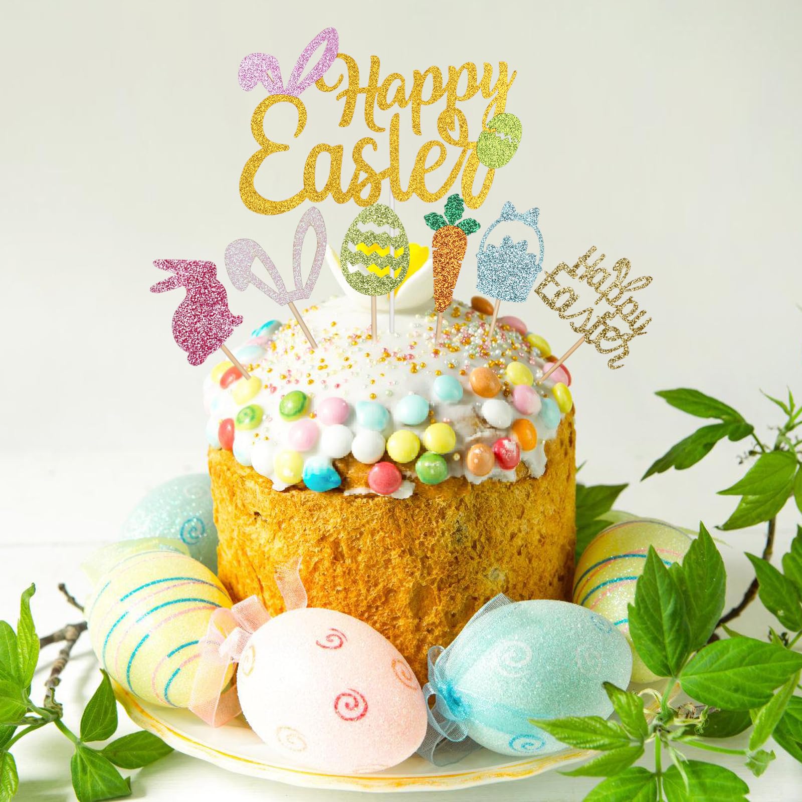 Wootkey 25-Piece Happy Easter Cake Topper Glitter Set – Easter Cupcake Toppers for Spring Parties