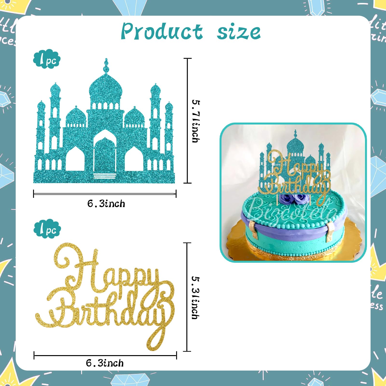 Wootkey Lake Blue Princess Cake Toppers – Glitter Castle Picks for Birthday Parties