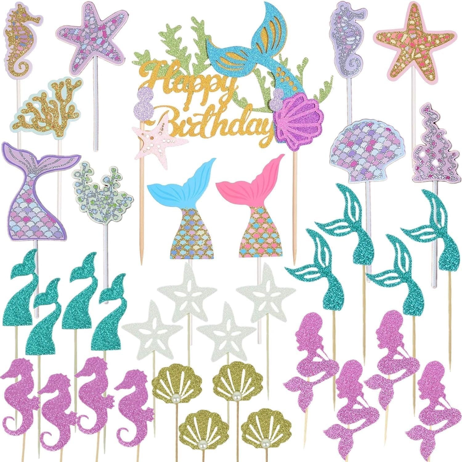 Wootkey Glitter Mermaid Cupcake Toppers – 36 Pcs Ocean Birthday Cake Decorations