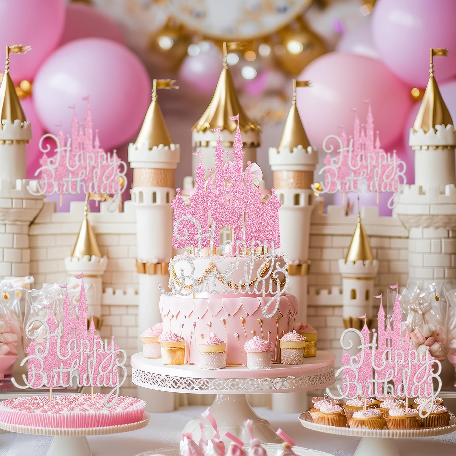 Wootkey 2Pcs Pink Princess Cake Toppers – Glitter Castle Birthday Party Decor