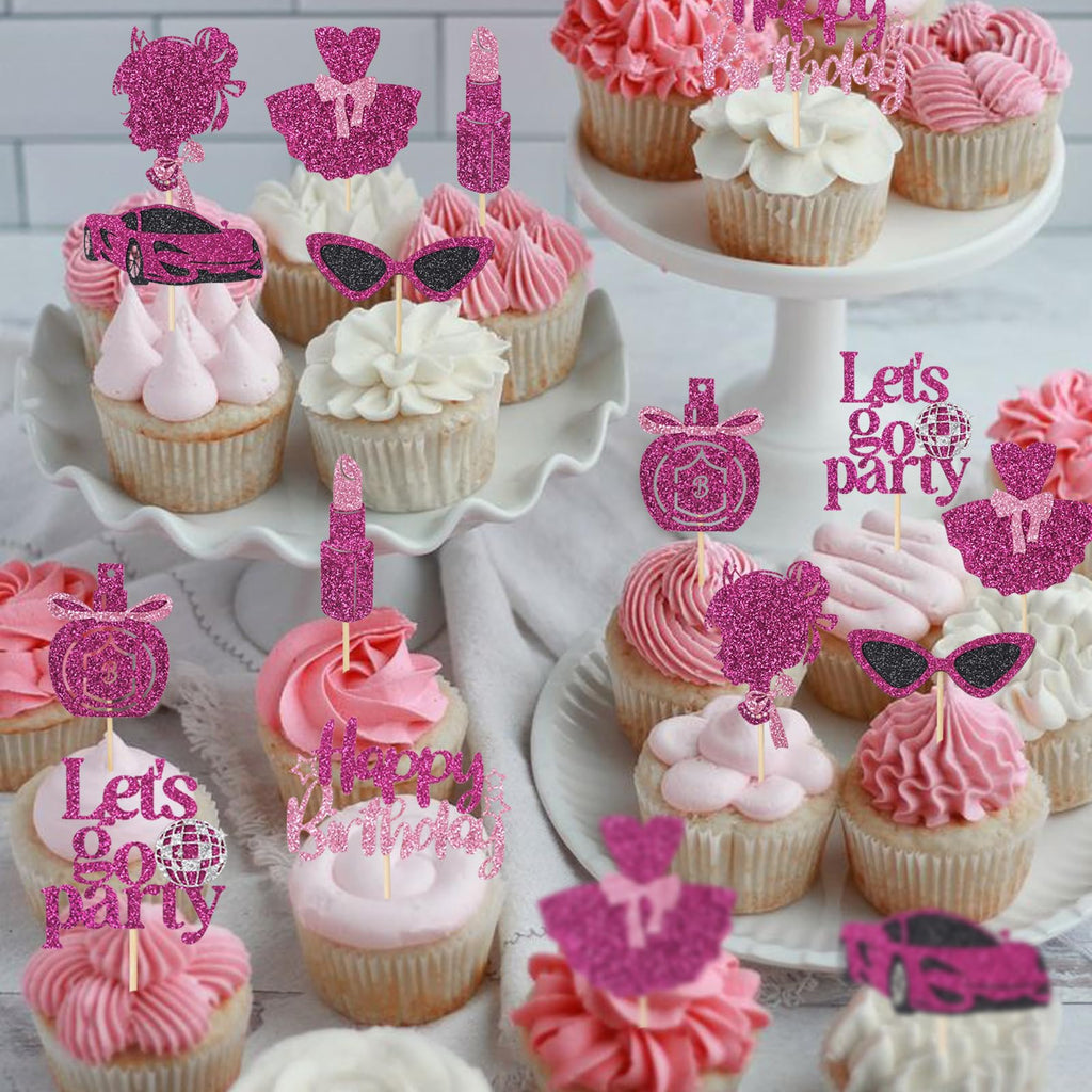 Wootkey Glitter Princess Cupcake Toppers – 24 Pcs Pink Party Decorations