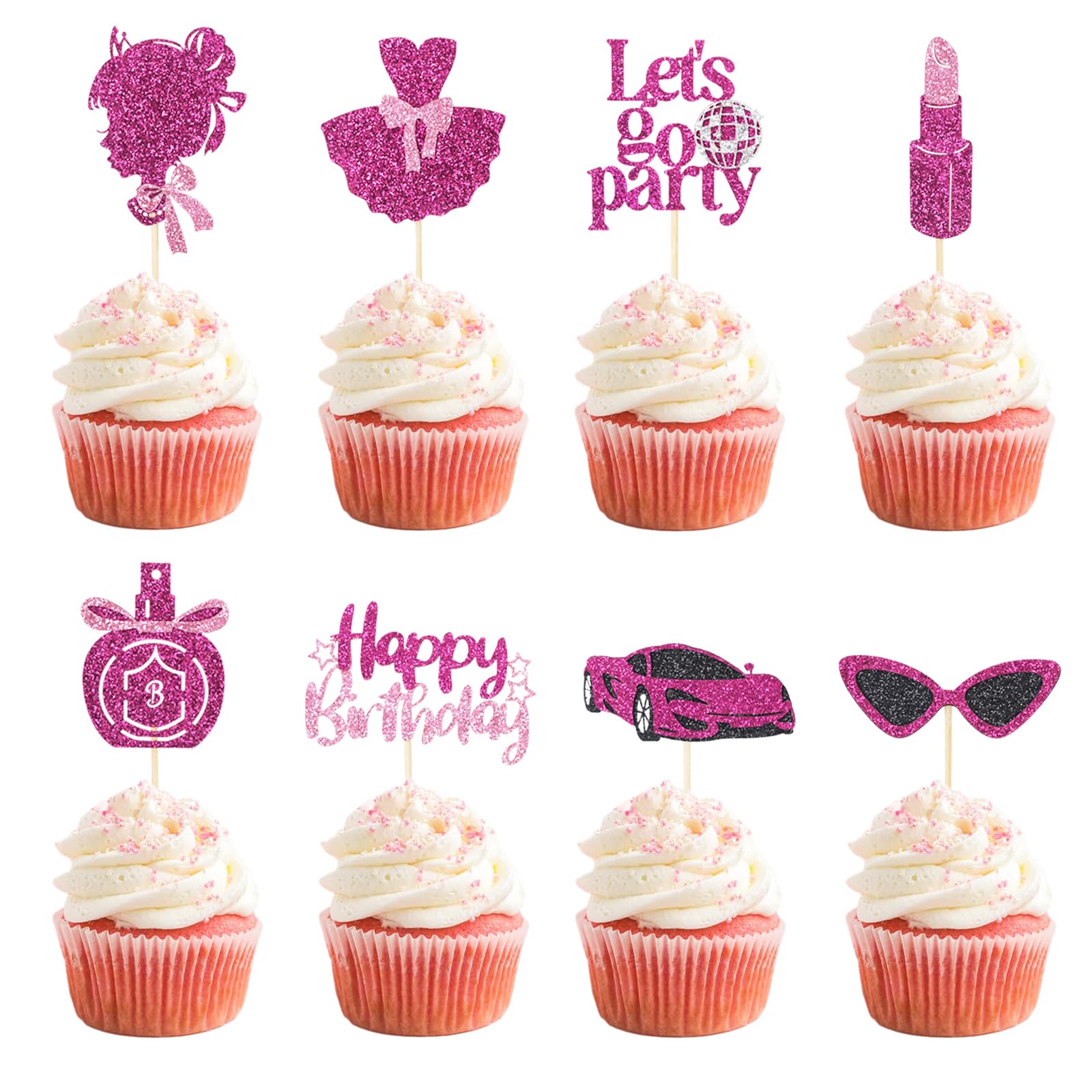 Wootkey Glitter Princess Cupcake Toppers – 24 Pcs Pink Party Decorations