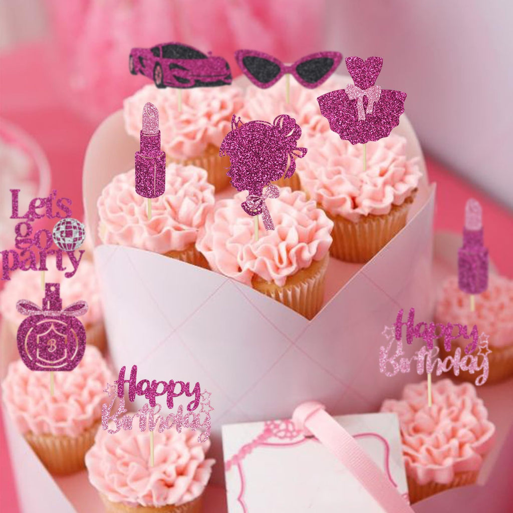 Wootkey Glitter Princess Cupcake Toppers – 24 Pcs Pink Party Decorations